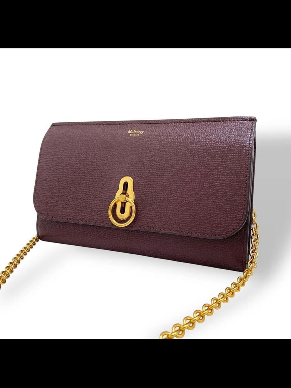 Mulberry Plum Pebbled Leather Chain Clutch with Gold Hardware